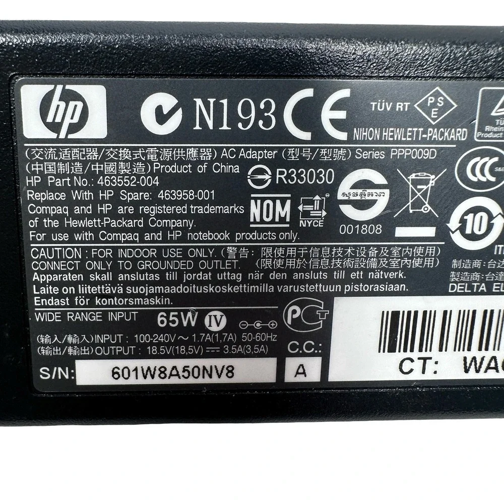 HP 65W AC Adapter Laptop Charger PPP009D 463552-004 18.5V 3.5A Black‎